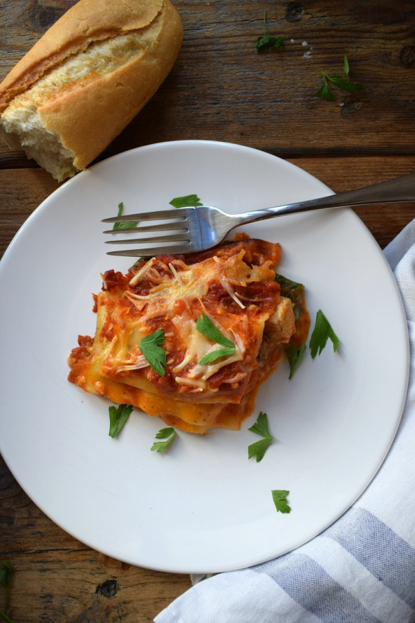 over head view of the chicken and spinach lasagna