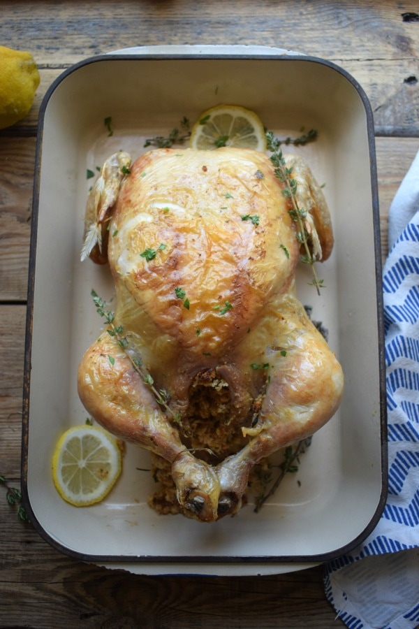 over head view of the roasted chicken