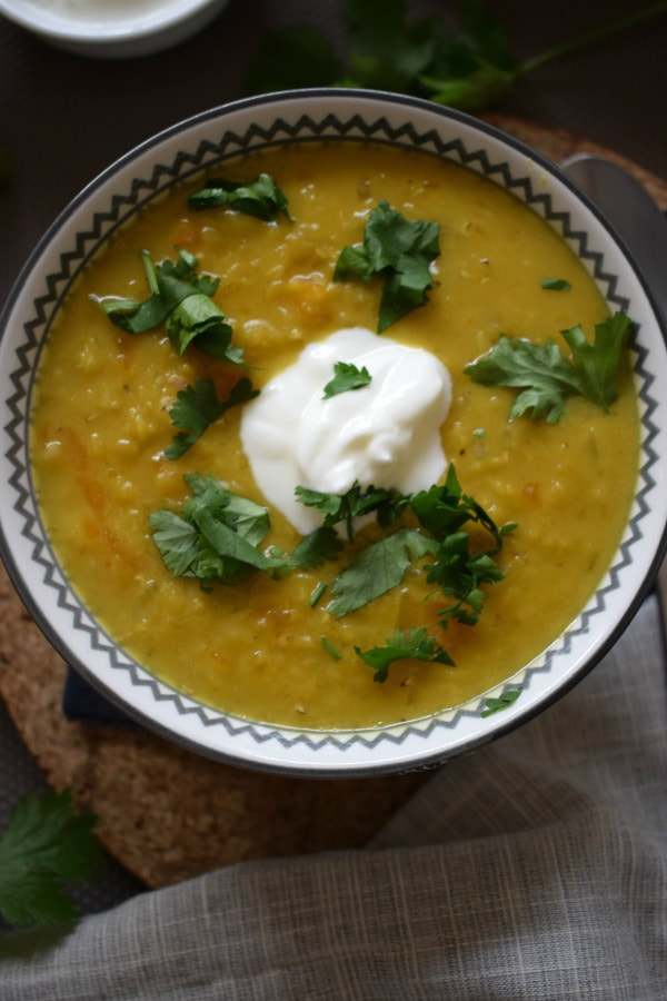 close up of the red lentil coconut soup