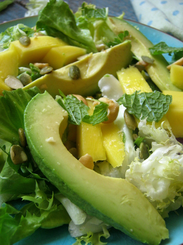 close up view of the Mango & Avocado Spring Salad with a Honey Lime Dressing
