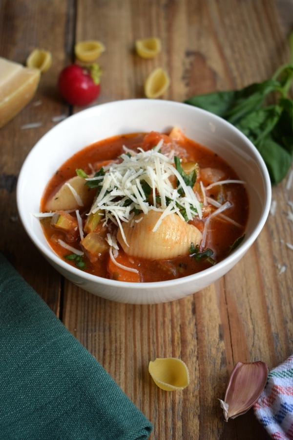 Minestrone Soup on a wooden table