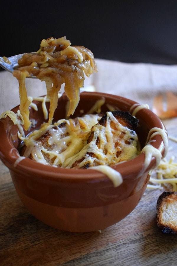 close up of the french onion soup