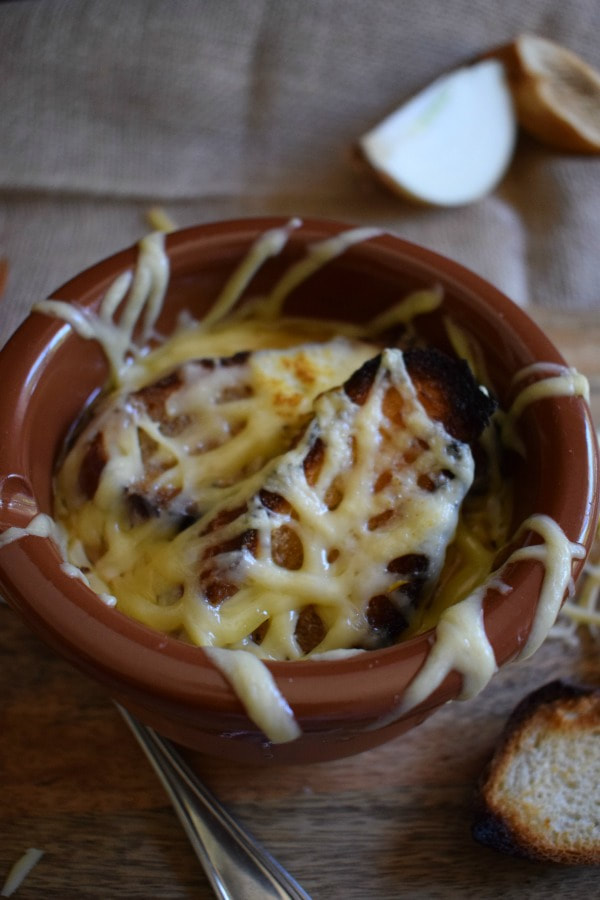 close up view of the french onion soup
