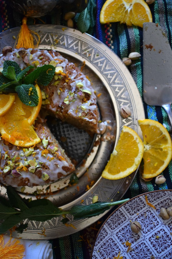 Tunisian Orange Cake on a silver tray.