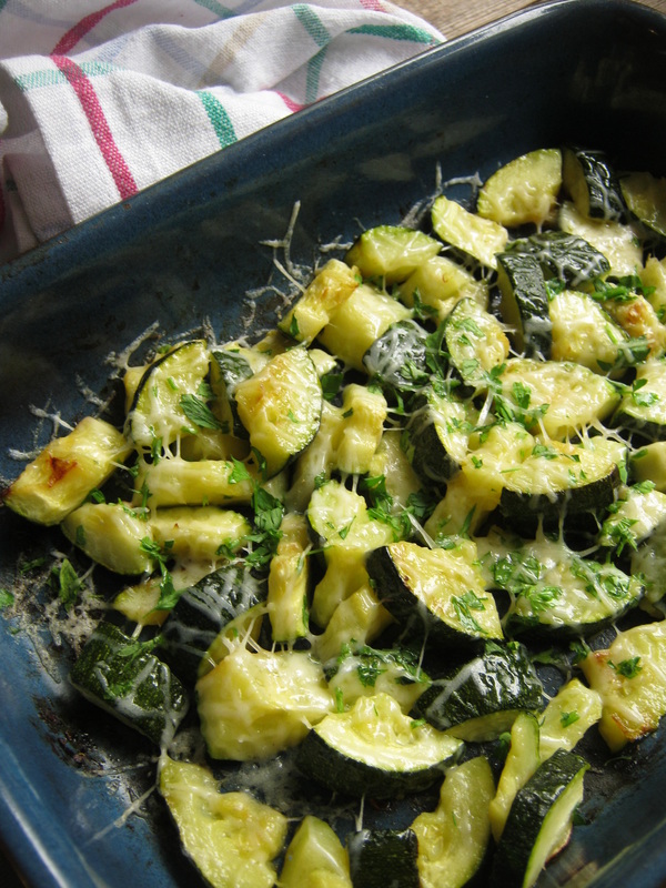 close up of the parmesan topped zucchini