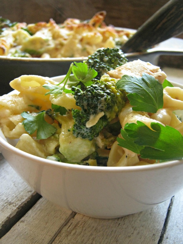Chicken Leek & Broccoli Oven Pasta close up in a bowl