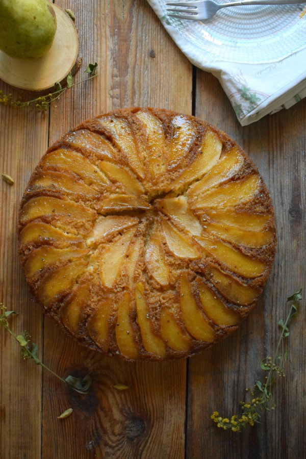 Overhead view of the Pear and Cardamom Cake