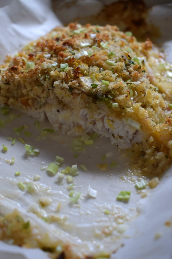 close up view of the mustard crusted baked perch