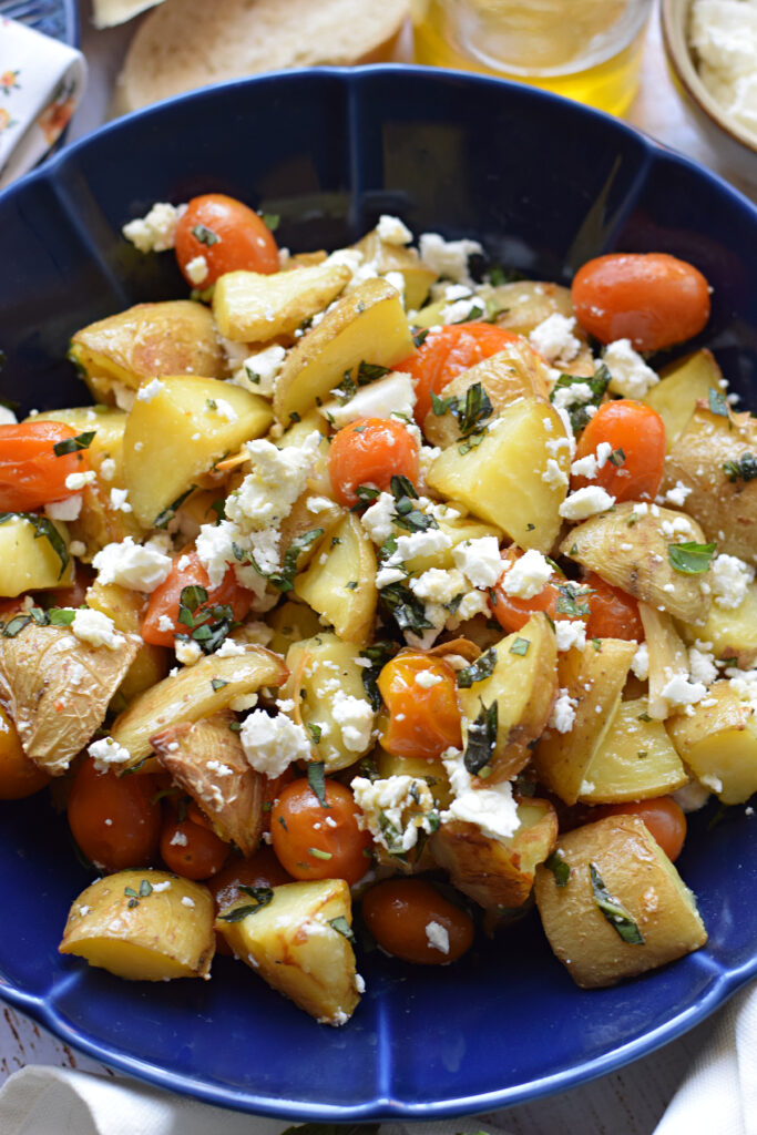 Close up of potato and feta salad.