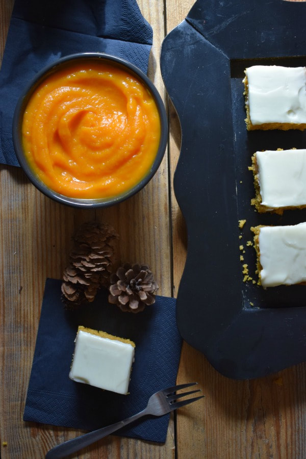 overhead view of pumpkin puree and cake squares 