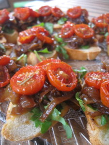close up of the roasted cherry tomato bruschetta