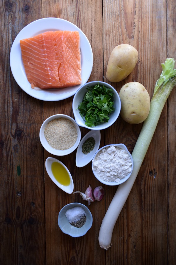 Ingredients to make the Salmon and Leek Cakes