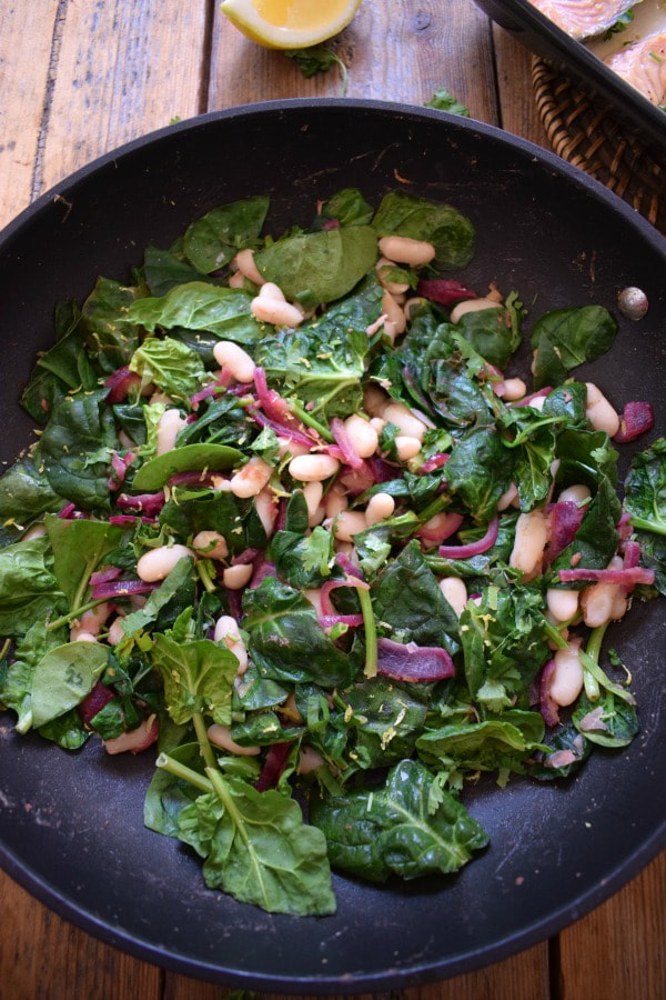 over head view of spinach in a skillet