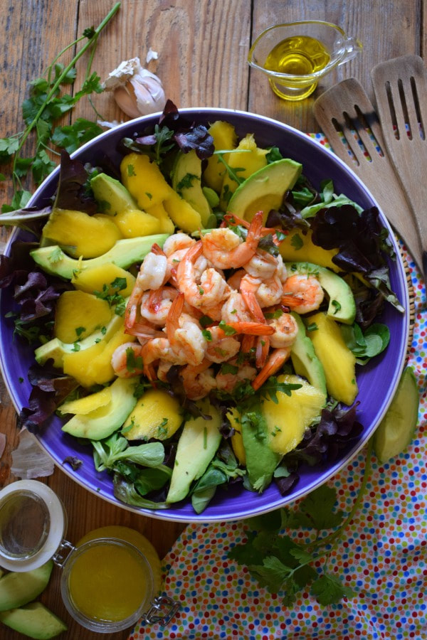 Over head view of the Tropical Shrimp Salad in a serving bowl