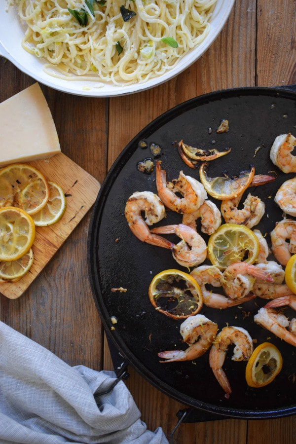 over head view of shrimp in a skillet