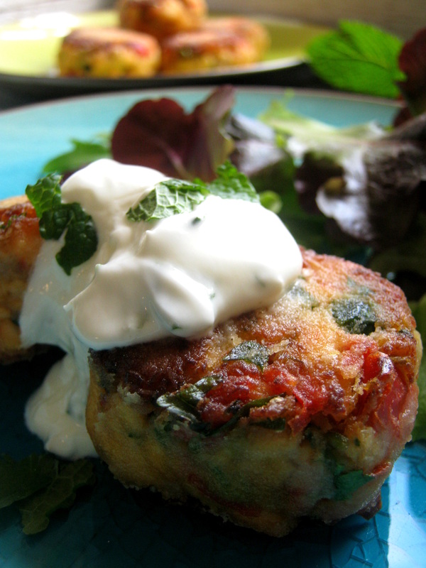 close up of the Spiced Salmon and Red Pepper Cakes with Minted Yoghurt Dip