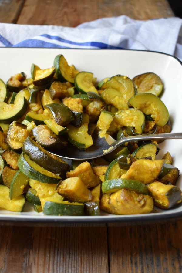 spiced zucchini and eggplant in a serving dish