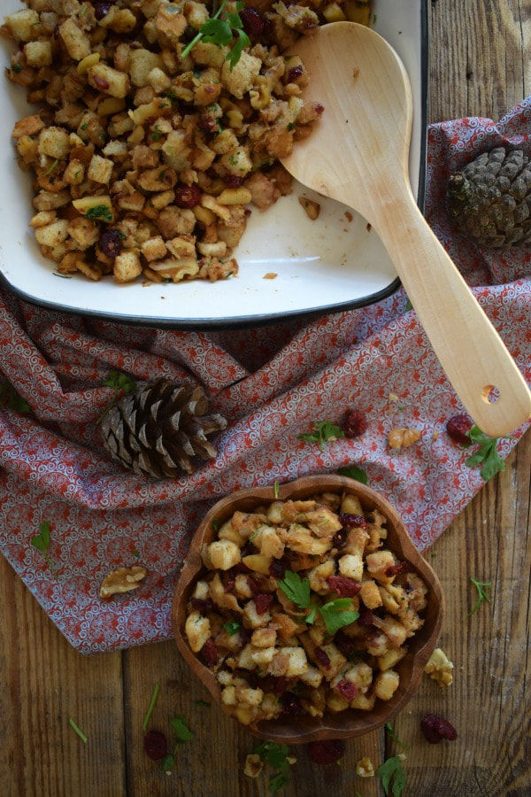 overhead view of the cranberry and apple stuffing on a wooden board 