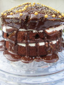 close up of the triple layer chocoalte ganache cake