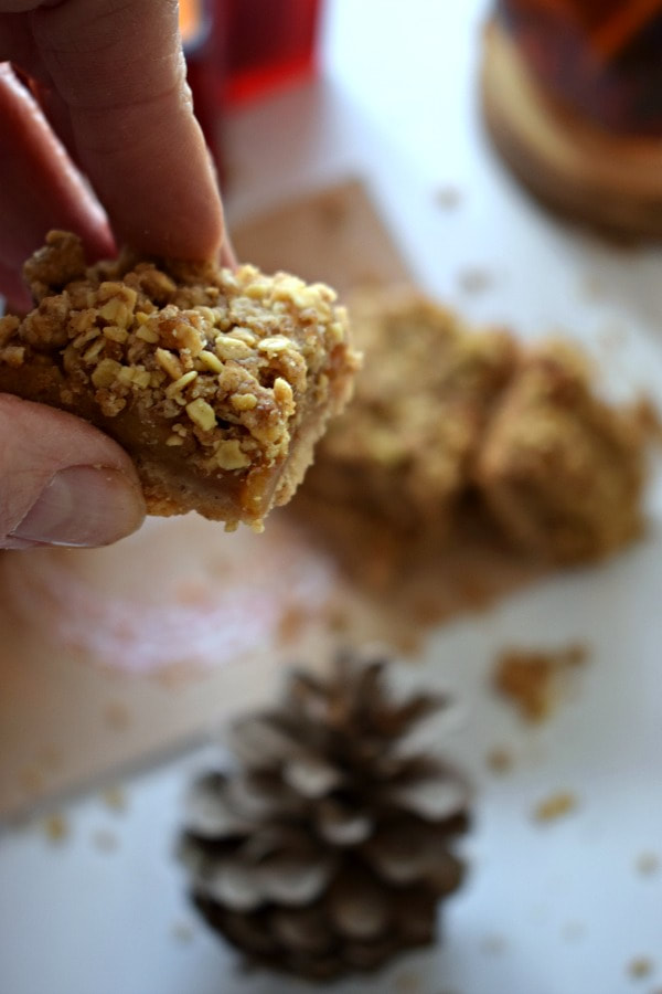 close up view of apple pie crumble bars