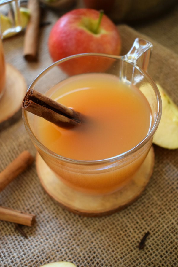 APPLE CIDER IN A GLASS CUP WITH A CINNAMON STICK