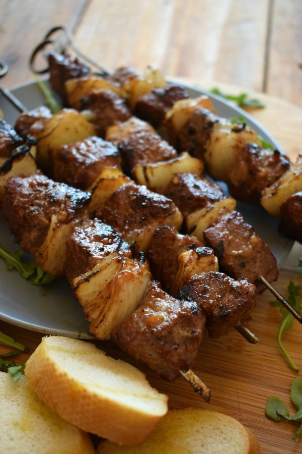 close up of barbecue beef kebabs