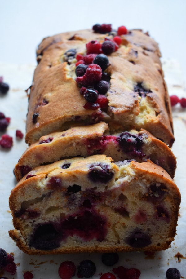 close up of the very berry loaf cake