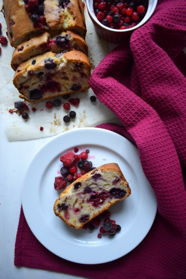 Slice of the Very Berry Loaf Cake on a plate