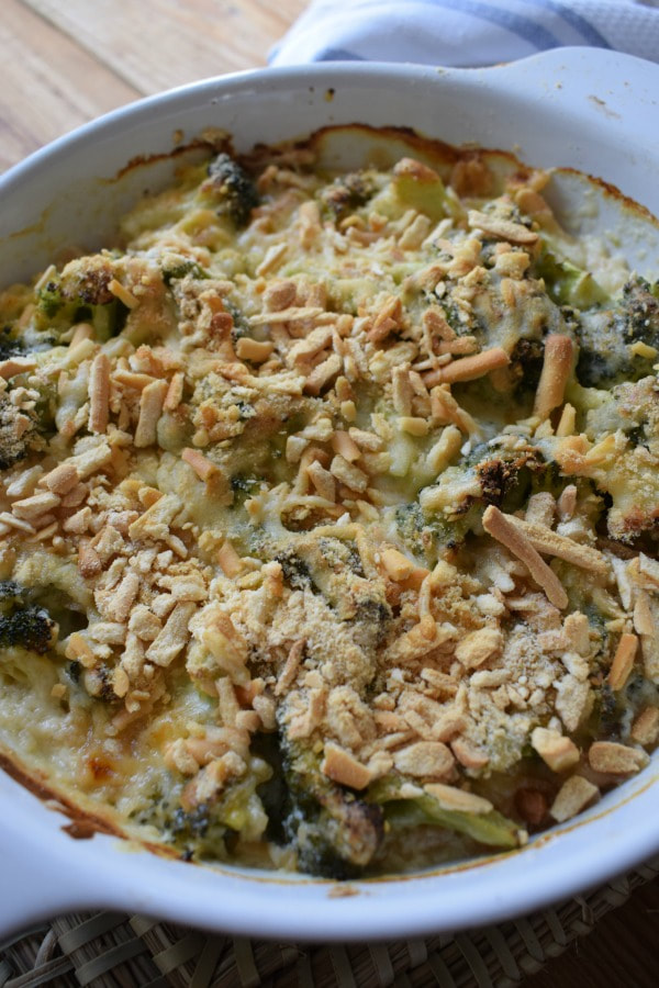 broccoli and cheddar casserole in a baking dish