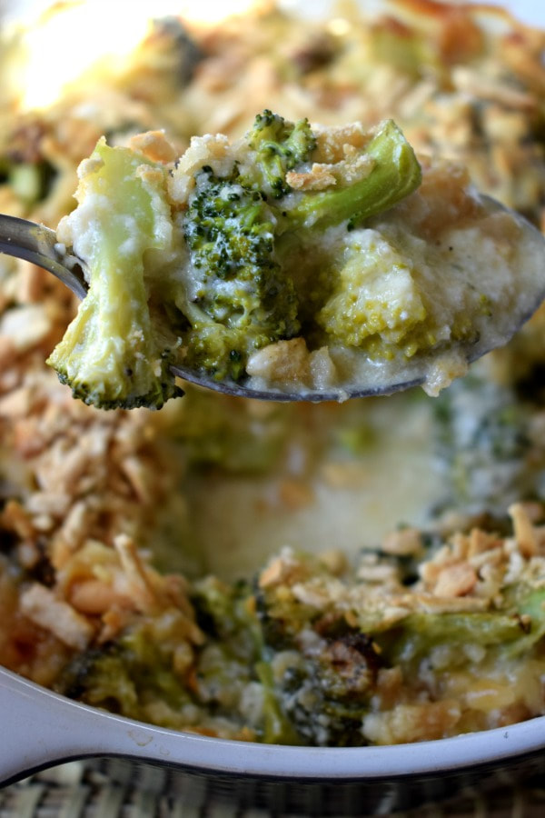 close up of the broccoli and cheddar casserole