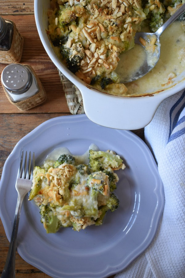 overhead view of the broccoli and cheddar casserole