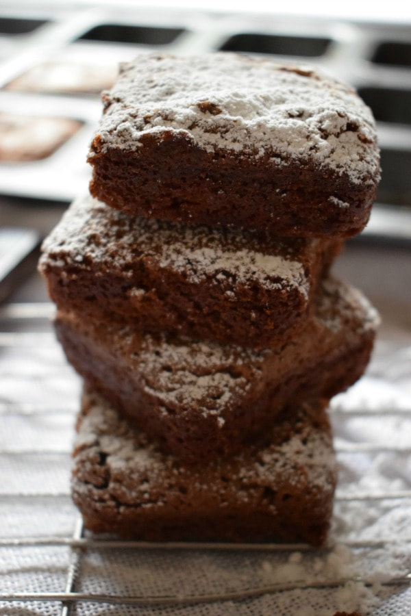 A STACK OF CHEWY CHOCOALTE BROWNIES