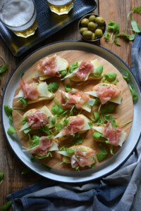 over head table view of the Spanish Serrano Ham and Cured Cheese Bruschetta