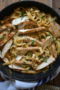 Cajun chicken alfredo in a skillet