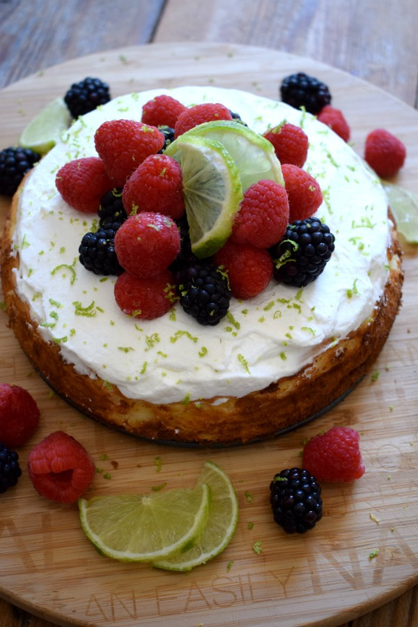 over head view of the berry topped lime cheesecake
