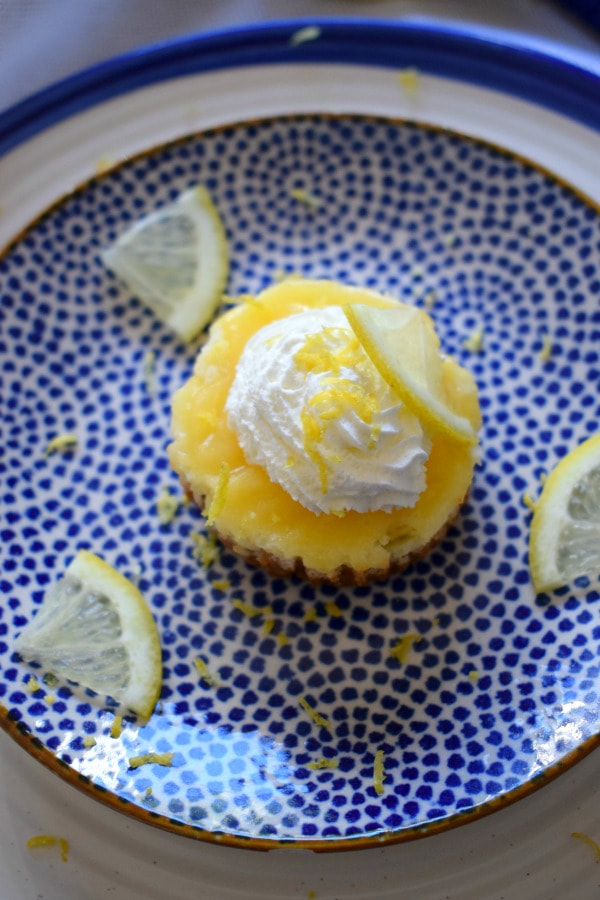 Mini Lemon Cheesecake on a blue plate