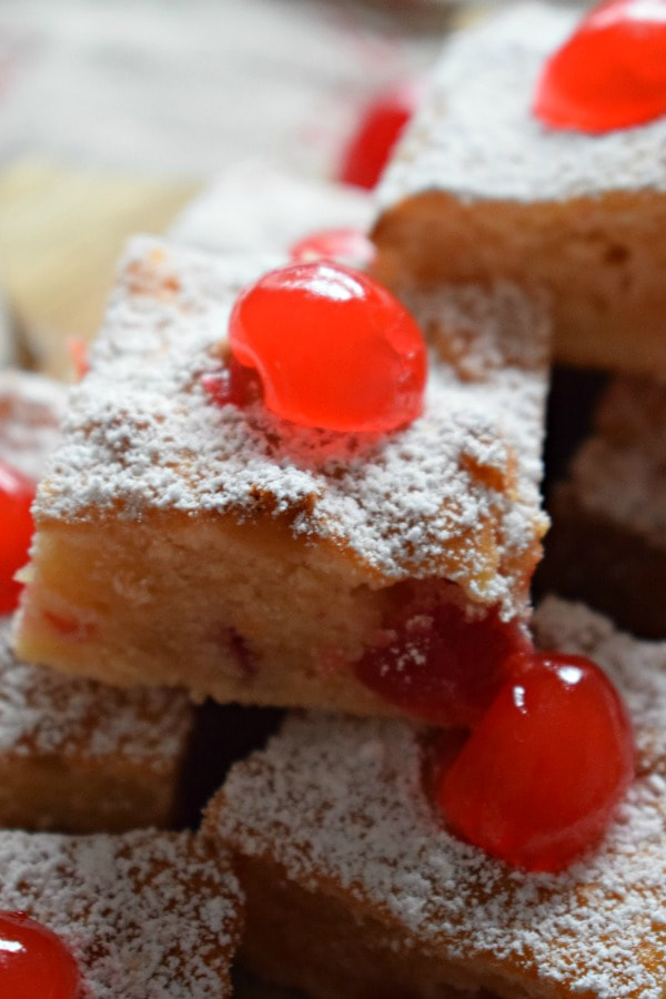 Close up of the cherry cake squares