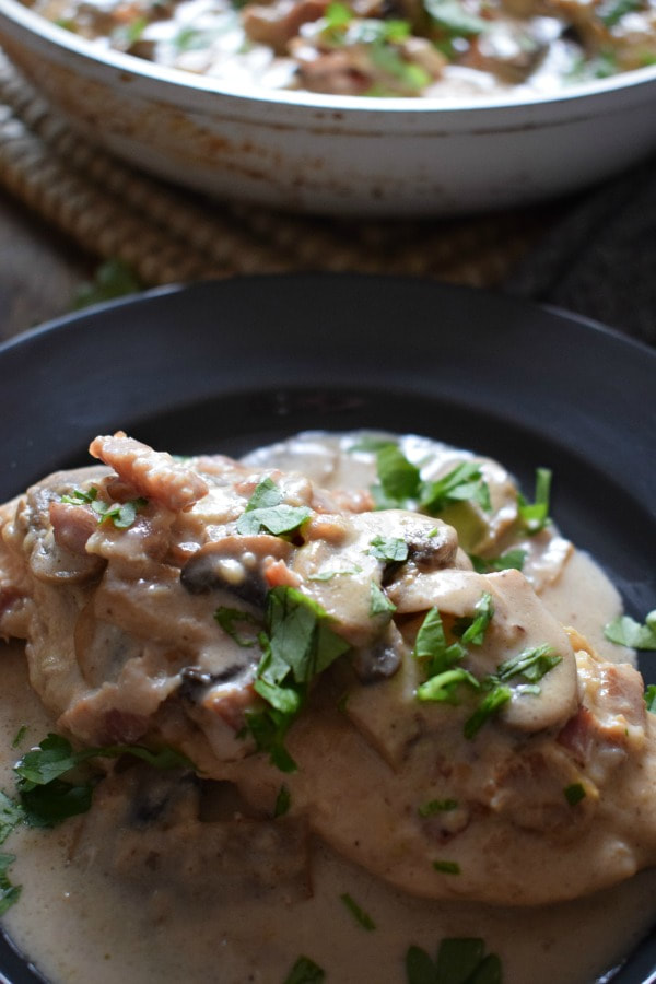 close up of the Creamy Skillet chicken with Bacon