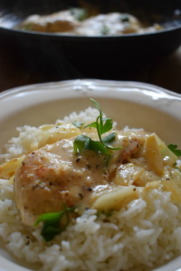 close up of the chicken marsala with rice