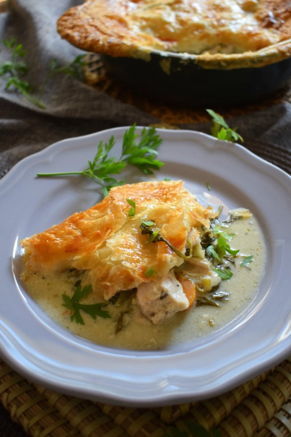 creamy chicken and vegetable pie on a plate