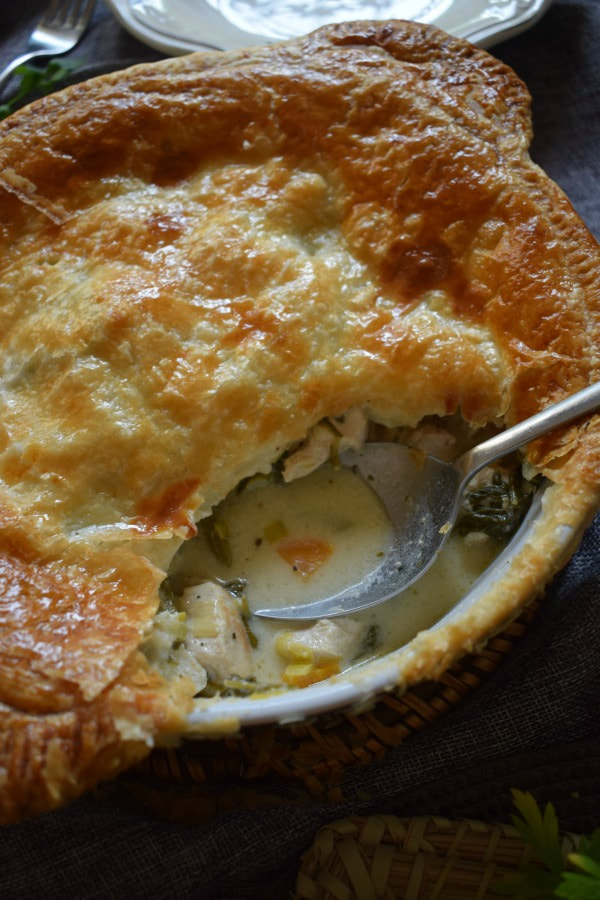 chicken and vegetable pie in a serving dish