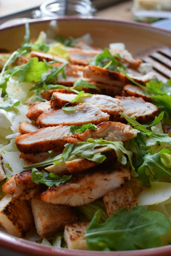 close up of the grilled cajun chicken salad