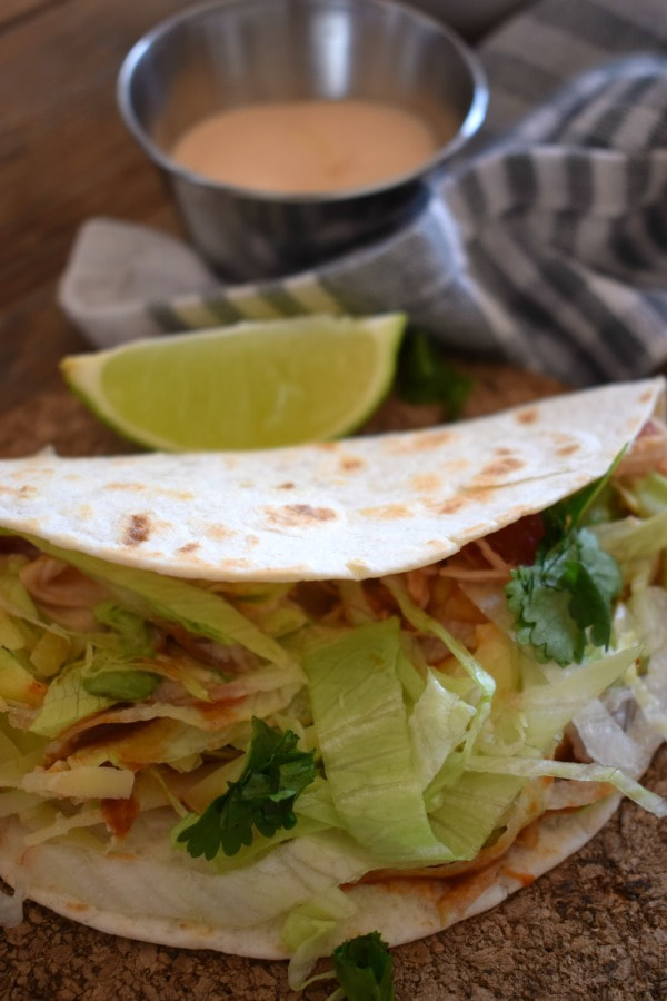 Close up view of the Slow Cooked Shredded Chicken Tacos