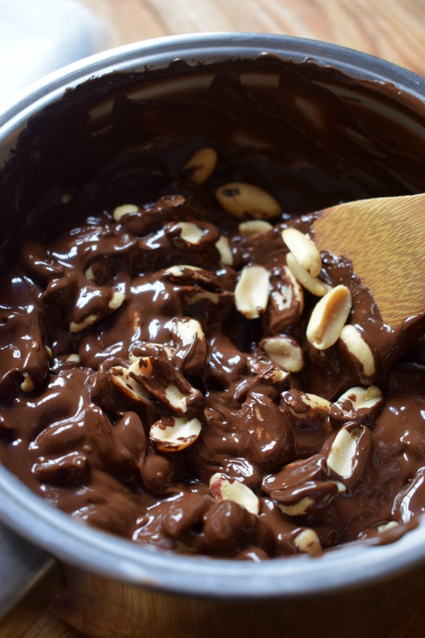melted chocoalte and peanuts in a sauce pan