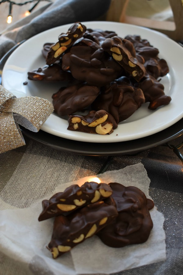 chocoalte peanut clusters in a christmas setting