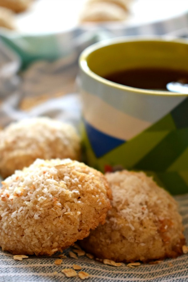 close up the coconut oatmeal mound cookies with a cup of coffee