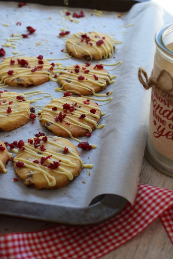 Cranberry & White Chocolate Shortbread on a baking tray