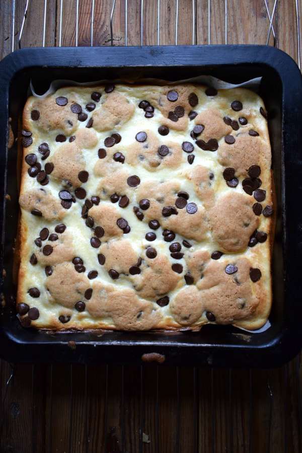 Cream Cheese Chocolate Chip Squares in a baking tray