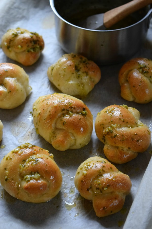 Garlic knots on a baking tray