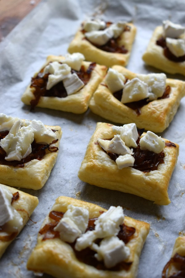 puff pastry topped with caramelized onions and goat cheese 